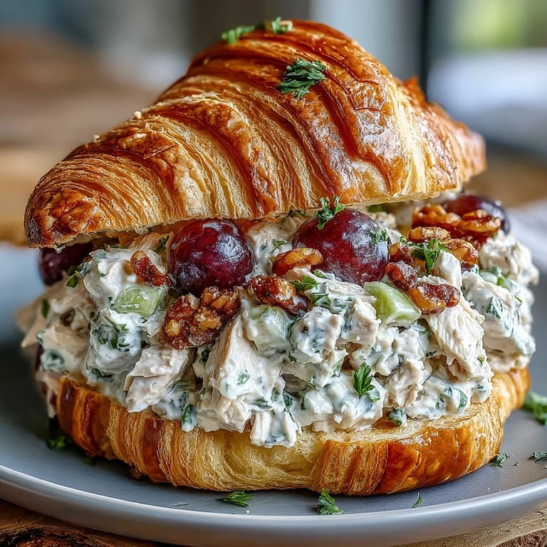 Picnic-ready chicken salad croissant sandwiches with tender diced chicken, juicy grapes, and a tangy honey-Dijon dressing.