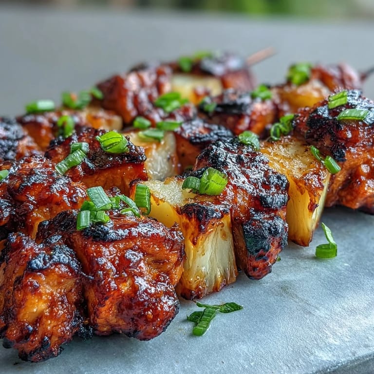 Grilled chicken skewers layered with sweet pineapple and red onion, brushed with rich BBQ sauce for a flavorful backyard BBQ treat.  