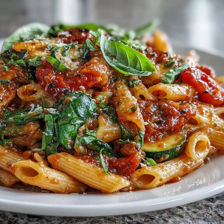 Easy One-Pot Budget-Friendly Pasta featuring tender penne, zucchini, and bell peppers simmered to perfection.