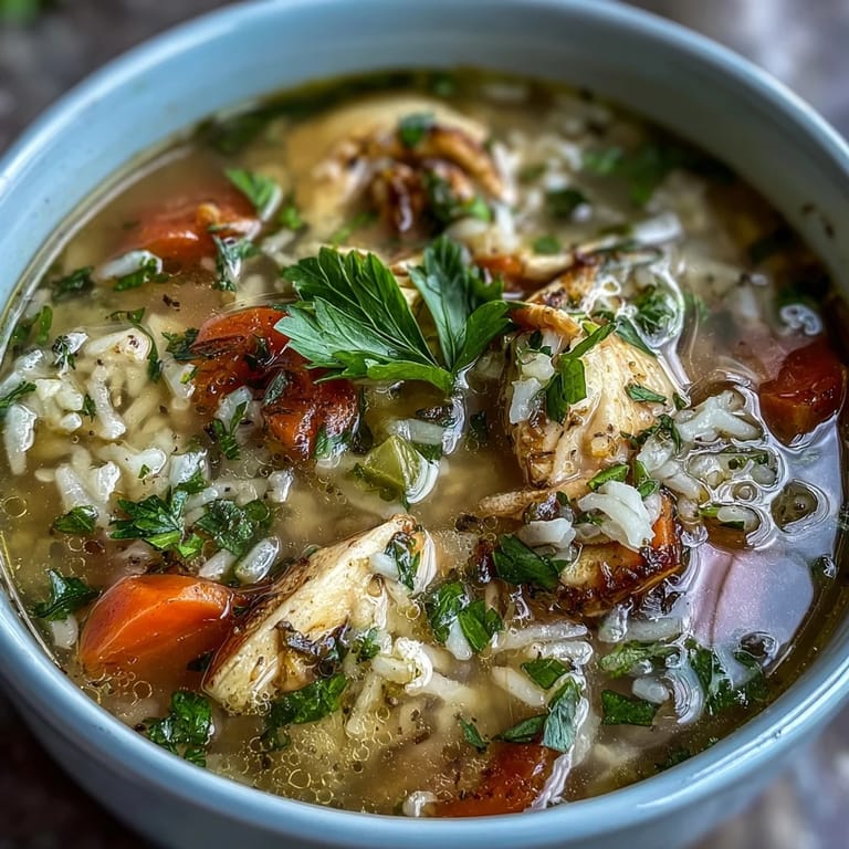 Hearty chicken and rice soup loaded with wholesome vegetables and simmered to perfection, offering a nourishing and satisfying dinner option.