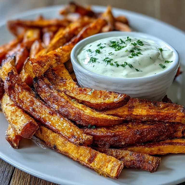Air fryer sweet potato fries served with creamy garlic aioli dip, a lighter alternative to traditional fried potatoes.