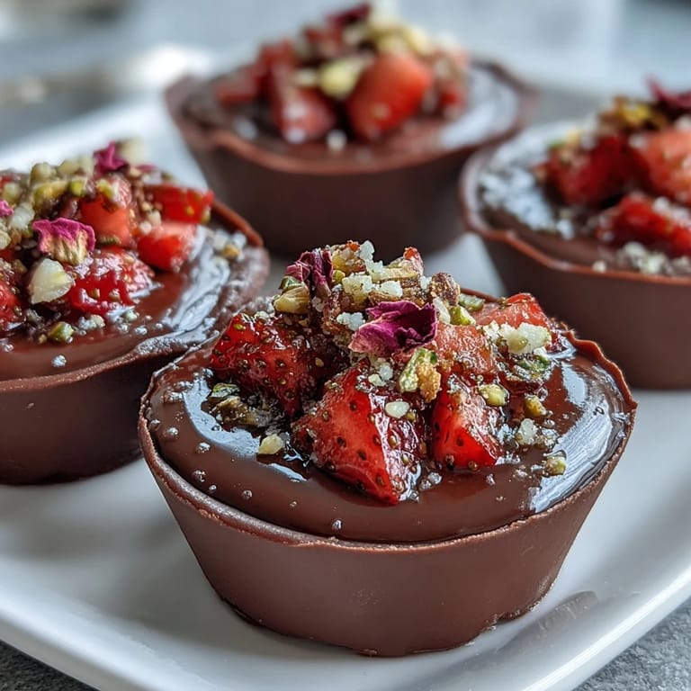 Silky dark chocolate cups hold juicy strawberries, topped with golden pistachio crunch and a hint of rosewater.  