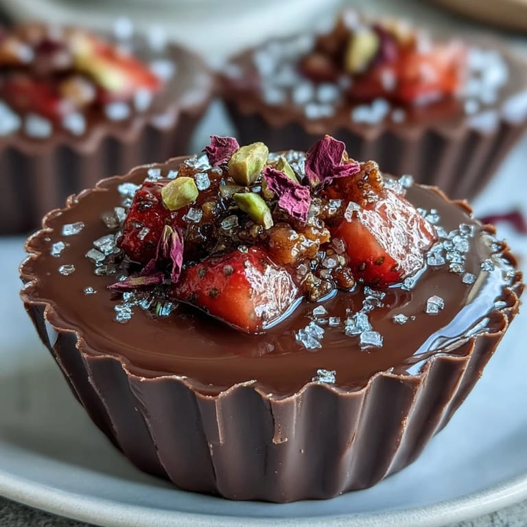 Elegant Middle Eastern dessert featuring dark chocolate cups with macerated strawberries and crunchy pistachio topping.