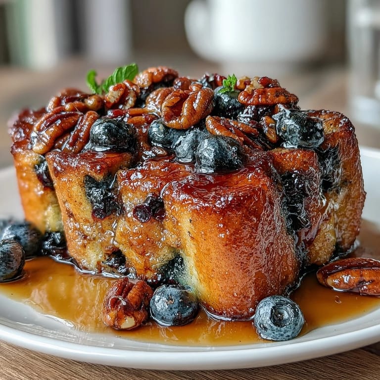 Slices of brioche soaked in rich custard, topped with cinnamon sugar and blueberries, baked to golden perfection for a festive breakfast.  