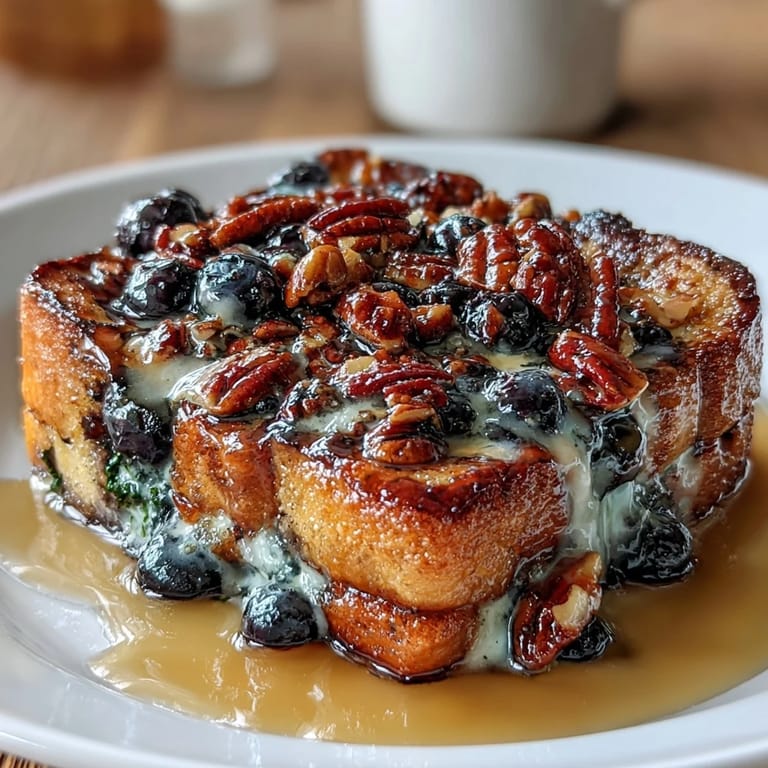 A warm, crowd-pleasing blueberry French toast bake with a crunchy pecan topping, dusted with powdered sugar and perfect for sharing.