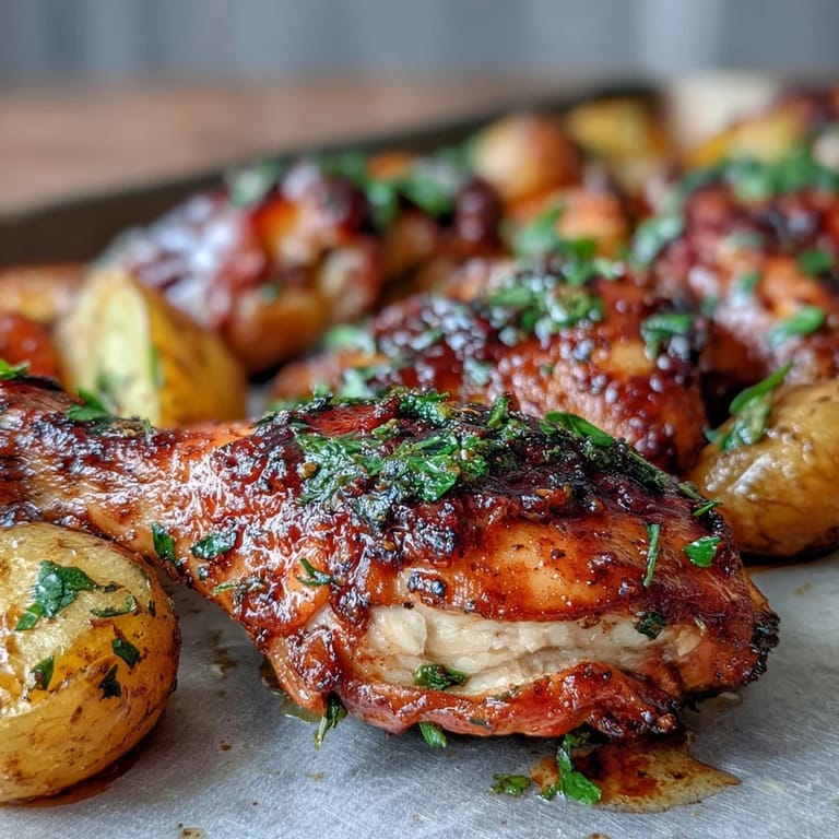 Sheet pan chicken drumsticks with potatoes and carrots, baked until crispy and served with fresh parsley and lemon wedges.