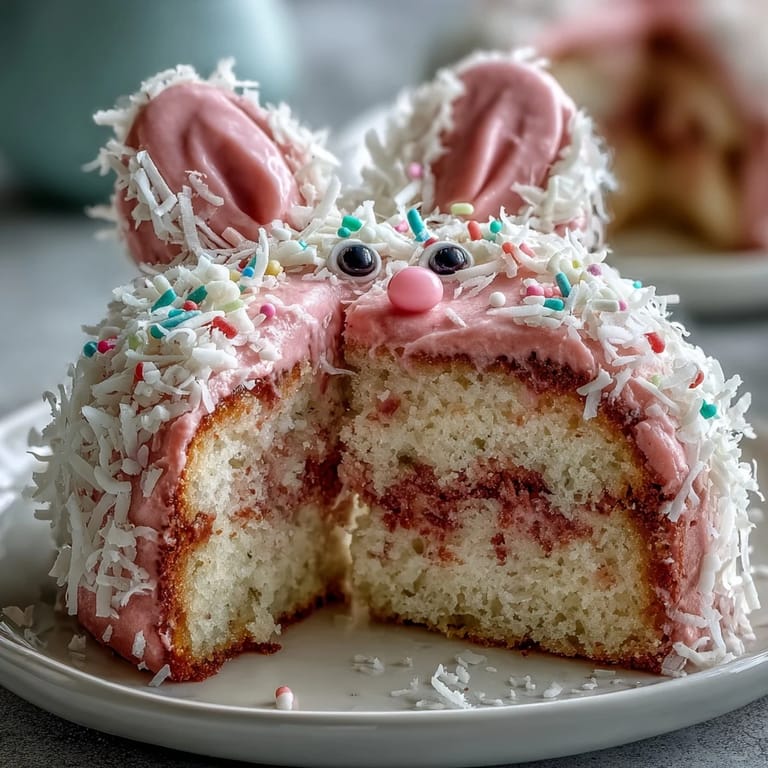 Whimsical bunny-shaped cake reveals a colorful sprinkle surprise when sliced, delighting kids and adults at Easter.  