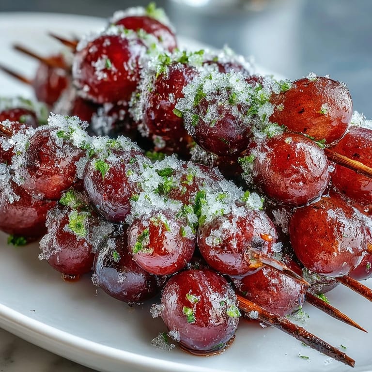 Juicy grapes threaded onto skewers, rolled in lime-infused sugar and frozen for a cool snack.