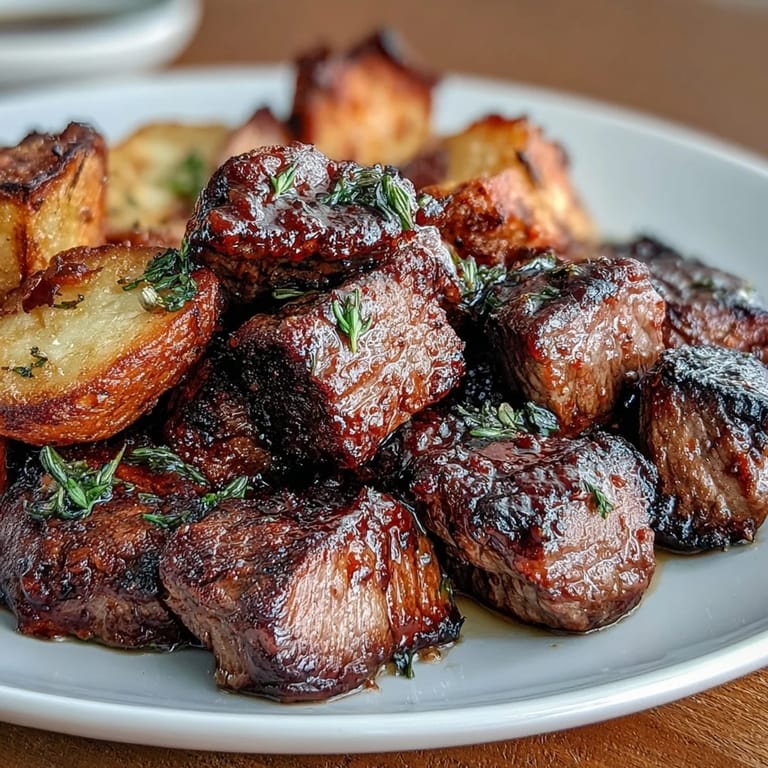 A close-up of savory garlic butter steak bites and potatoes, showcasing the glossy sauce clinging to seared steak and golden potato wedges.