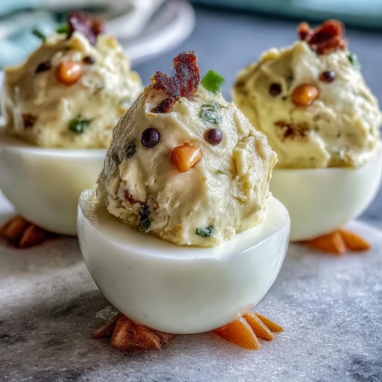 Adorable baby chick deviled eggs with creamy yolk filling, standing upright on a serving tray.  
