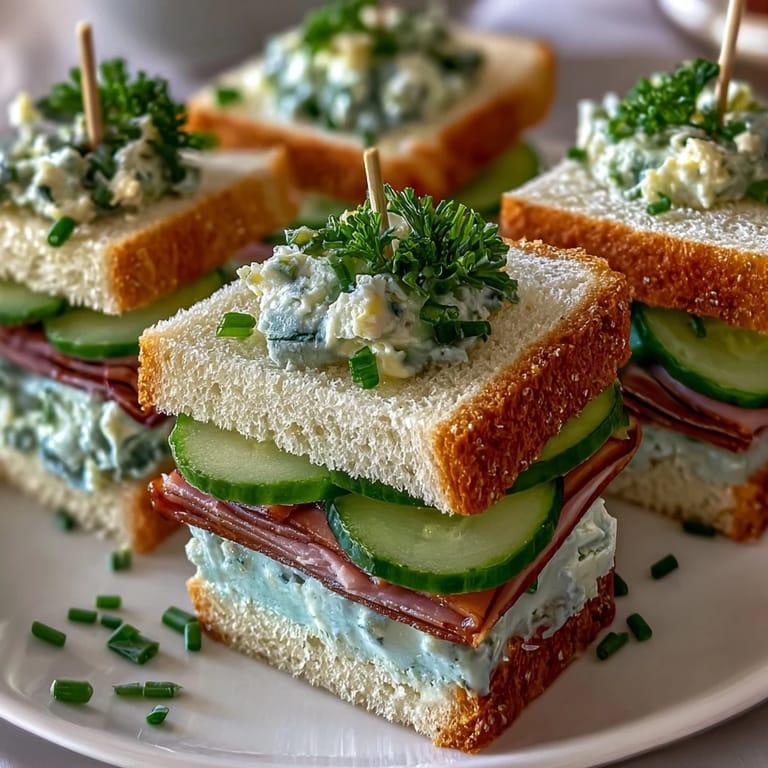 Elegant assortment of Kentucky Derby tea sandwich trio with creamy egg salad, crisp cucumber, and savory ham on crustless bread slices.