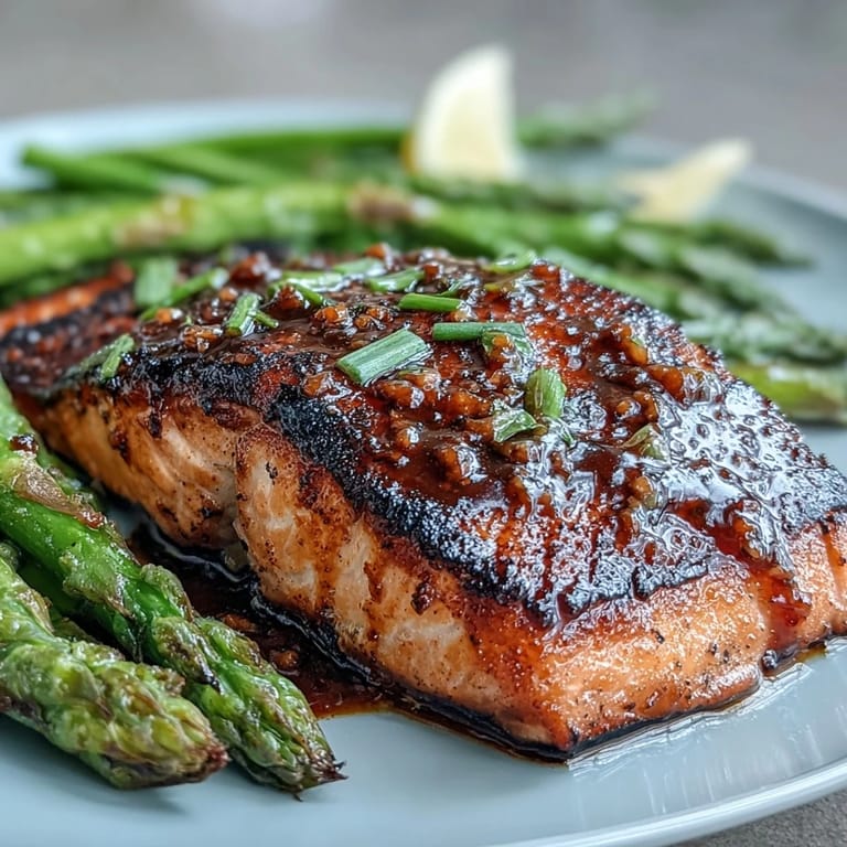 Garlic Butter Salmon with Asparagus, a vibrant, elegant dish featuring tender salmon fillets roasted with crisp asparagus in a fragrant garlic butter sauce—perfect for a spring dinner party.