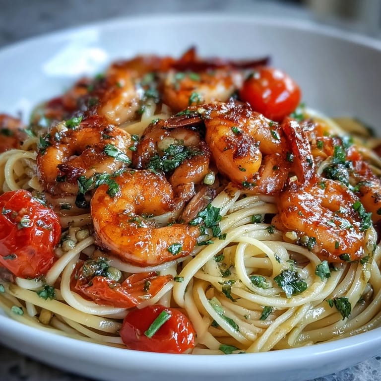 Creamy garlic shrimp and angel hair pasta tangle together in a fragrant lemon-butter sauce, studded with snap peas and zucchini.