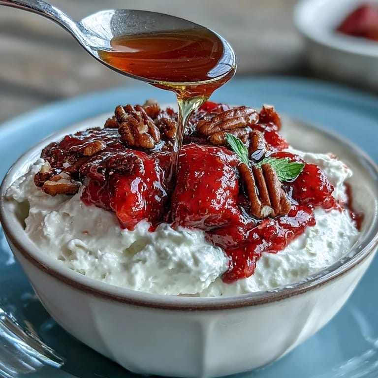 Vibrant strawberry compote with bright red hues contrasts against thick Greek yogurt in a breakfast bowl.