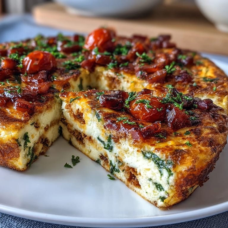 Hearty breakfast frittata loaded with diced ham, spinach, tomatoes, and a blend of cheddar and Parmesan cheeses.