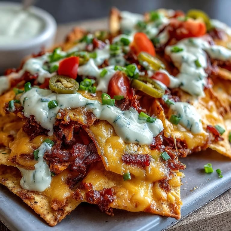 Rich cheese sauce drizzled over seasoned ground beef and crunchy tortilla chips, topped with fresh jalapeños and scallions.  