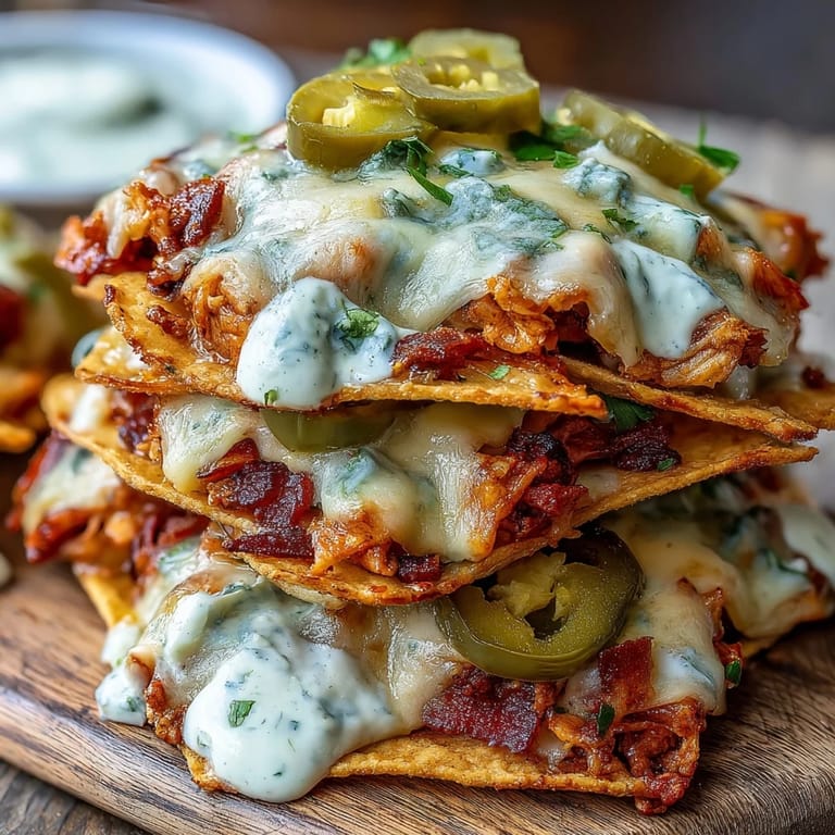 Hearty loaded nachos featuring beef, creamy cheese sauce, pickled jalapeños, and fresh toppings—ideal for sharing at parties.