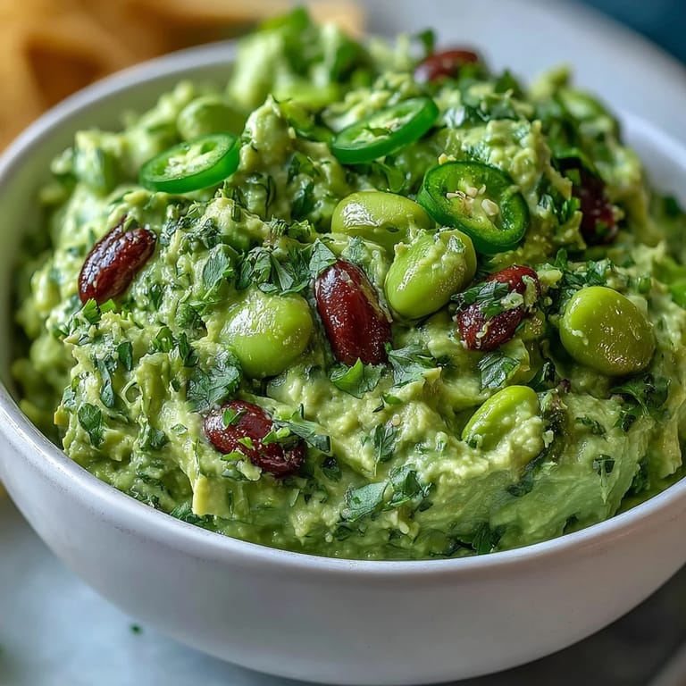 Vibrant green edamame guacamole blended with ripe avocado, served alongside warm, spiced pita chips perfect for dipping.