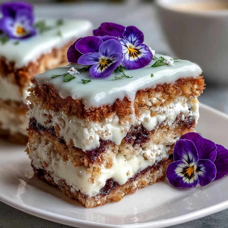 Vanilla cake layered with whipped cream and decorated with pressed edible flowers for a fresh look.