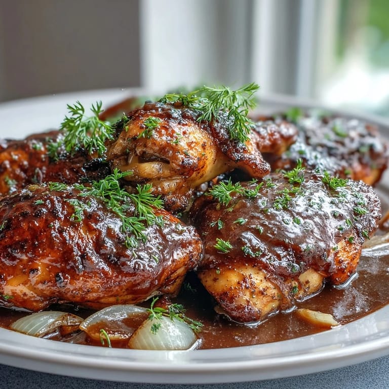 Juicy bone-in chicken thighs and drumsticks are coated in flour, fried, and simmered in a creamy onion gravy.