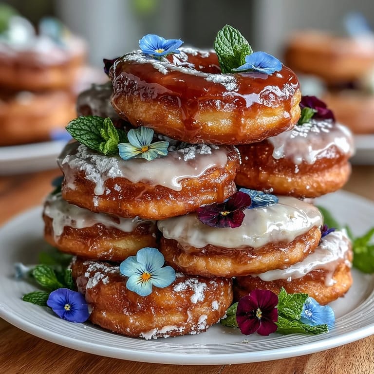 Baby in Bloom Mini Donut Tower with Flowers: Charming donut stack decorated with pastel icing, rainbow sprinkles, and fresh edible flowers for a festive celebration dessert.