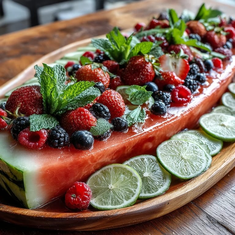 Elegant watermelon fruit boat surrounded by colorful berries and lime slices, ideal for brunch or festive occasions.  