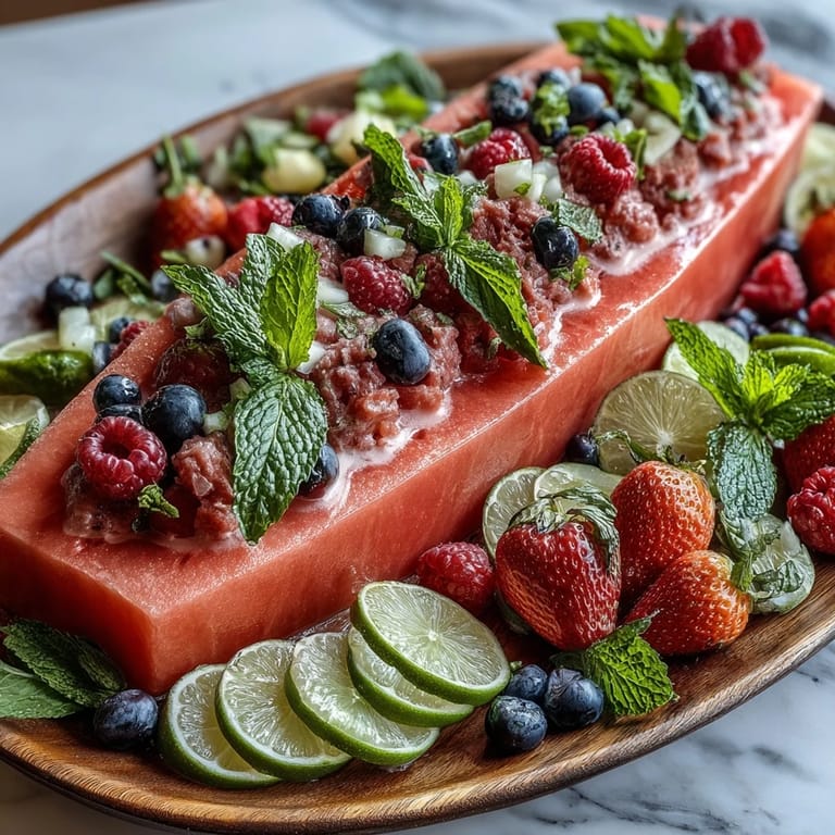 Beautifully carved watermelon centerpiece brimming with mixed berries and grapes, a stunning addition to any table spread.