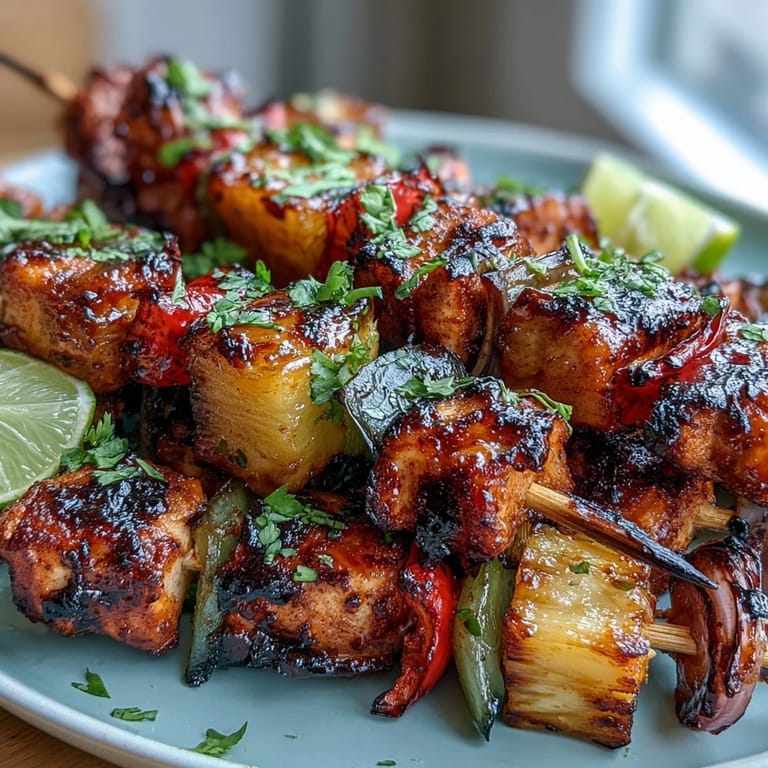 Vibrant skewers featuring marinated chicken, pineapple, and bell peppers, perfect for summer grilling.  