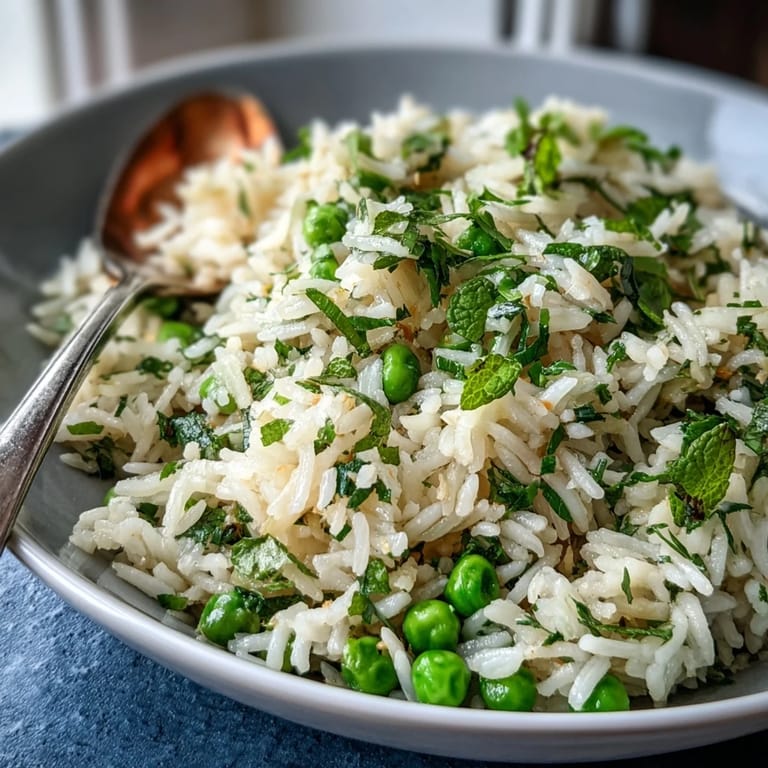 Fluffy rice pilaf with sweet spring peas, fresh mint, and lemon zest.