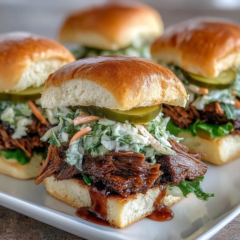 Juicy, slow-cooked brisket piled high on slider buns, topped with creamy slaw and rich BBQ sauce for a crowd-pleasing bite.  