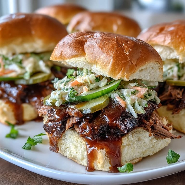 Smoky beef brisket sliders drizzled with sweet BBQ sauce and crunchy slaw, served warm for an easy, festive main dish.