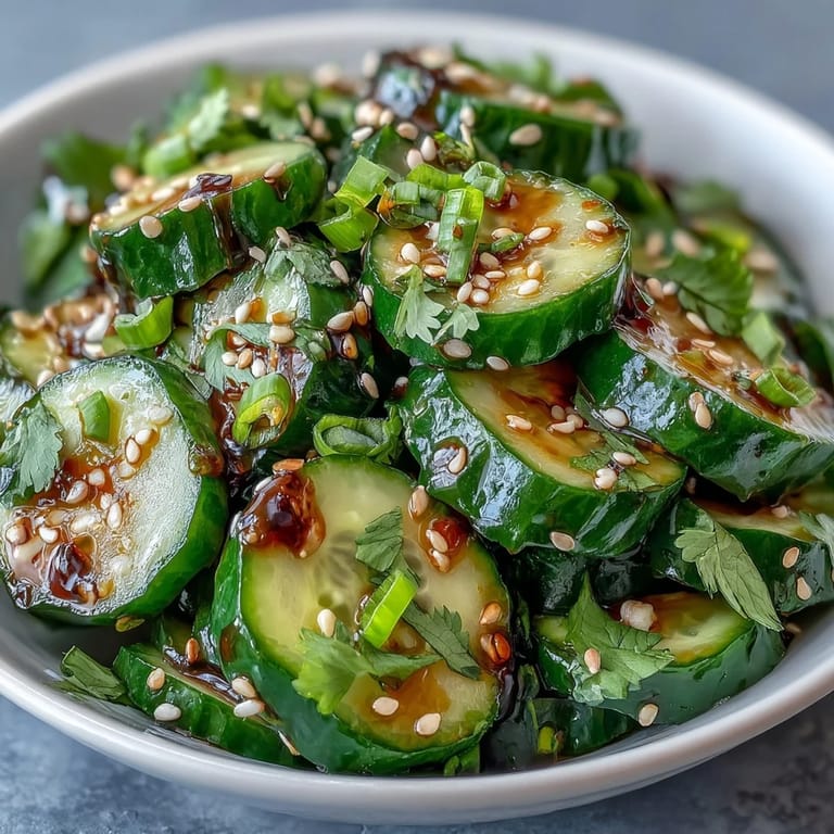 Thinly sliced cucumbers in sesame rice vinegar dressing, garnished with sesame seeds and cilantro for vibrant Asian flavors.