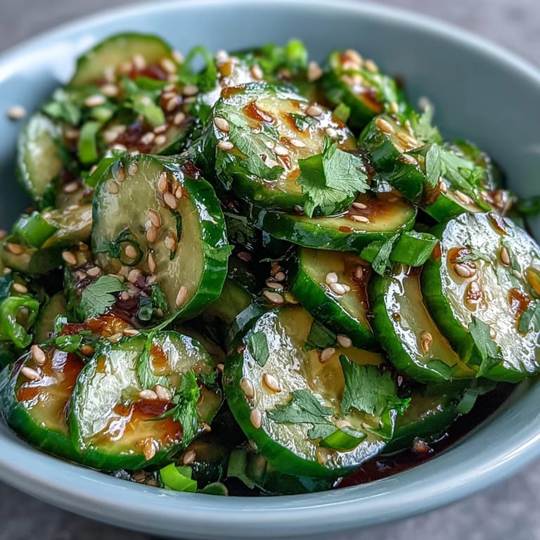 Refreshing Asian cucumber salad with tangy sesame and rice vinegar dressing, perfect for light appetizers or complementing main dishes.