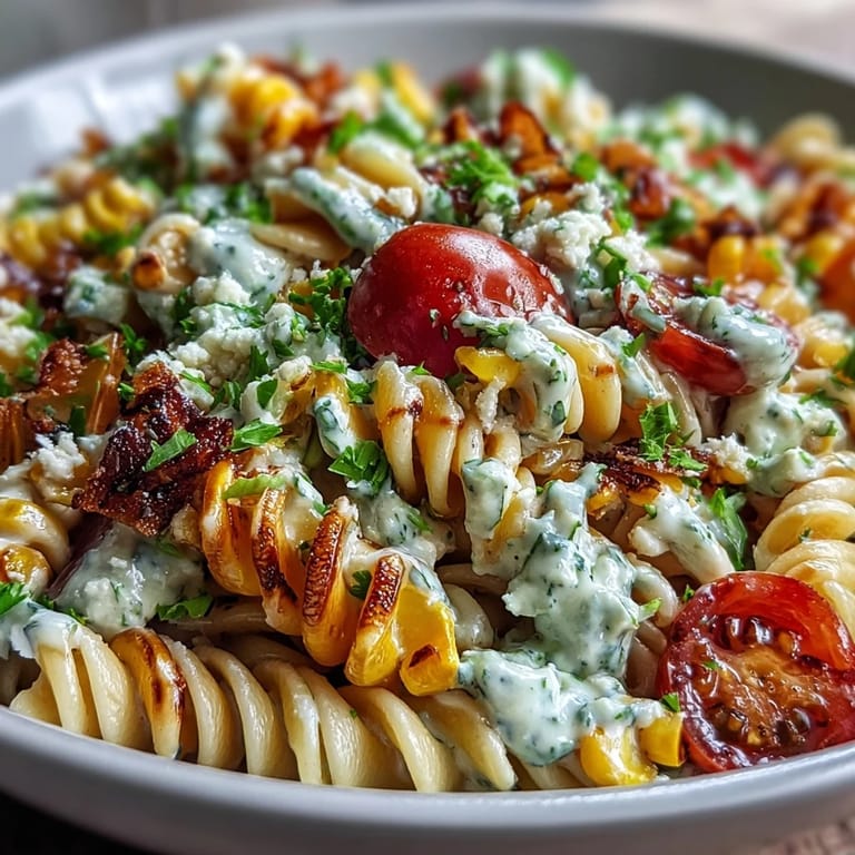Creamy Elote Pasta Salad with Cotija cheese, spicy chili, and bright lime, perfect for summer gatherings.