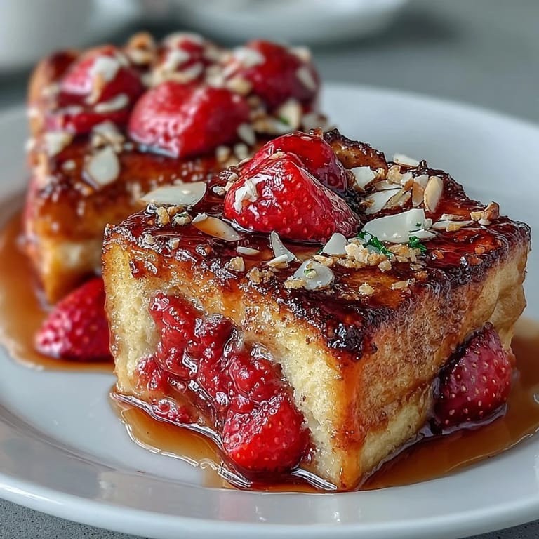Warm, cinnamon-spiced strawberry French toast casserole with brioche, custard, and a crisp almond-sugar topping.