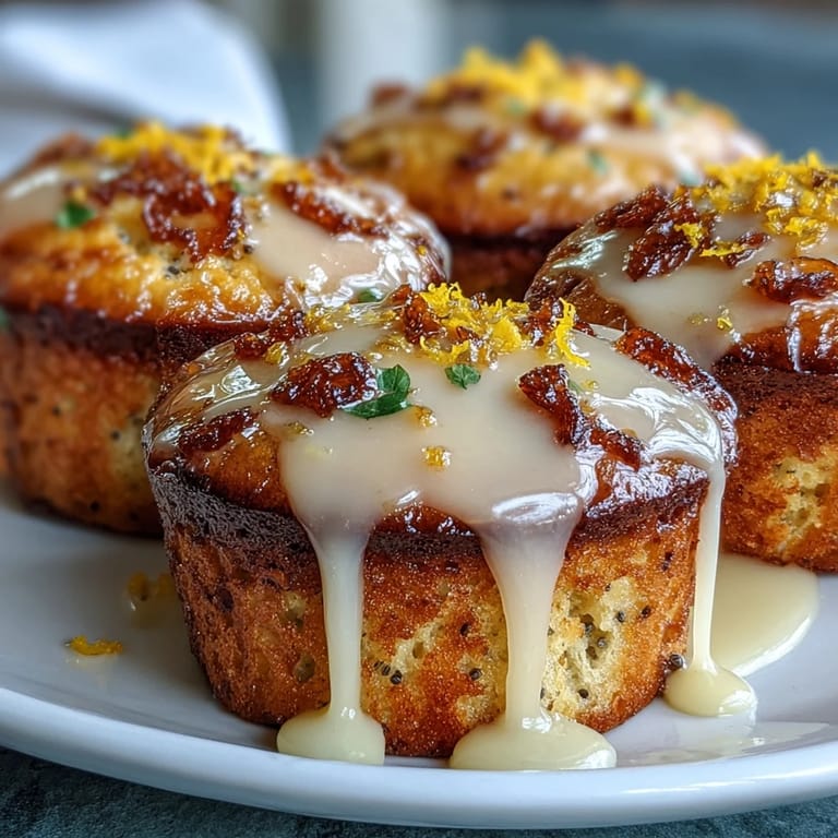 Golden muffins bursting with lemon zest and poppy seeds, topped with a sweet, tangy glaze for a sunny treat.