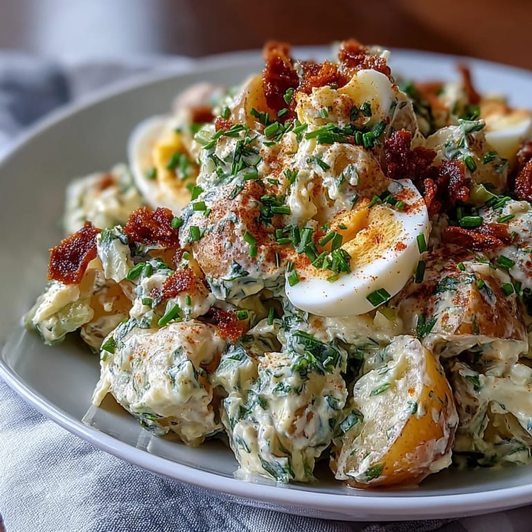Classic deviled egg potato salad features hard-boiled eggs, crunchy celery, and a smoky paprika dressing in a crowd-pleasing dish.