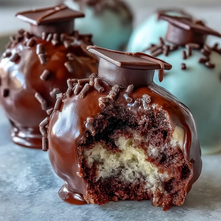 Festive graduation cake pops in red and blue, each topped with a fondant graduation cap and chocolate tassel, ready to impress.