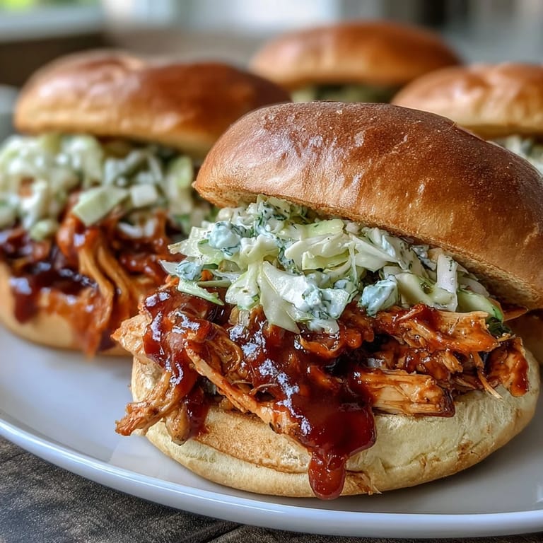 Tender slow-cooked BBQ chicken sandwich with smoky-sweet flavor, served on a toasted bun and topped with creamy coleslaw.
