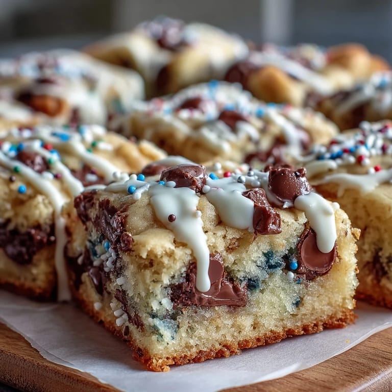 Festive graduation dessert bars, loaded with chocolate chips and candy, drizzled with smooth white chocolate.