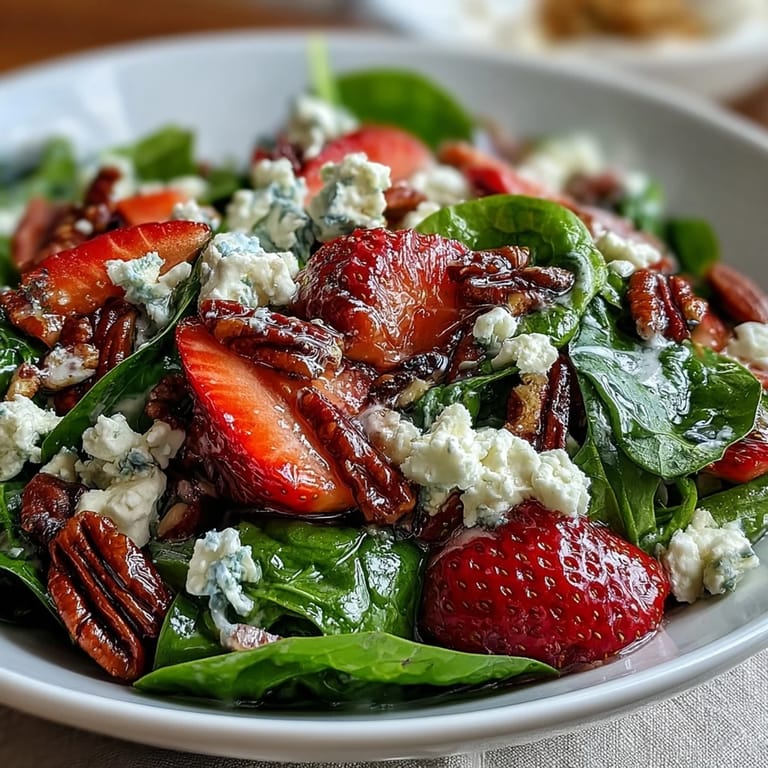 Fresh spring salad featuring baby spinach, juicy strawberries, crumbled goat cheese, and sweet candied pecans.