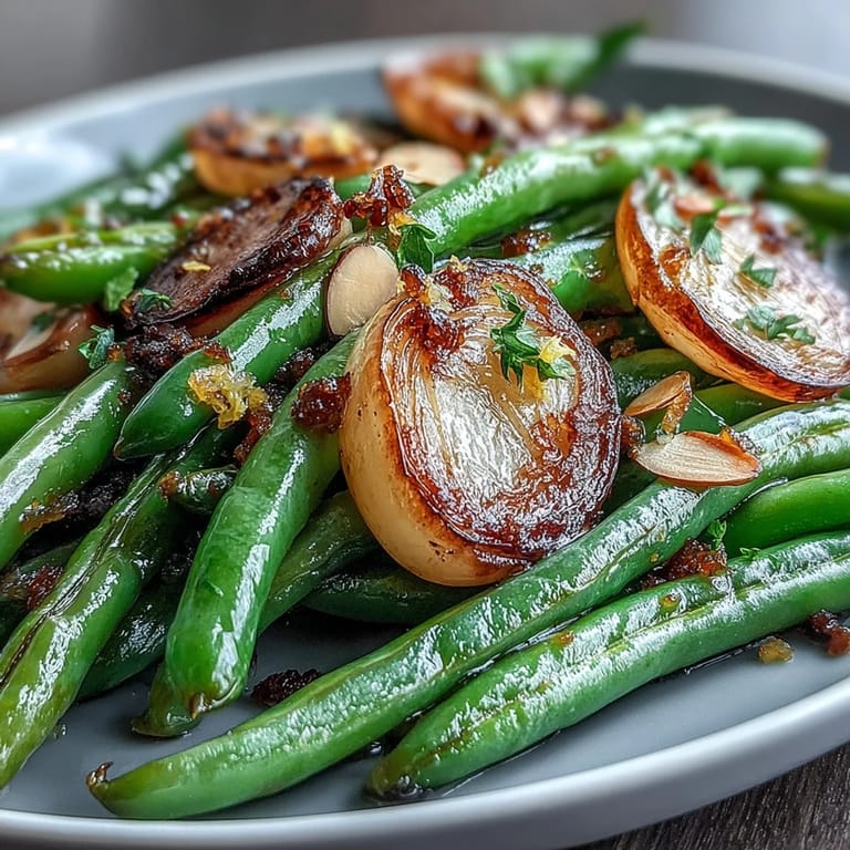 Golden roasted garlic green beans tossed with olive oil and sea salt, finished with a sprinkle of lemon zest.