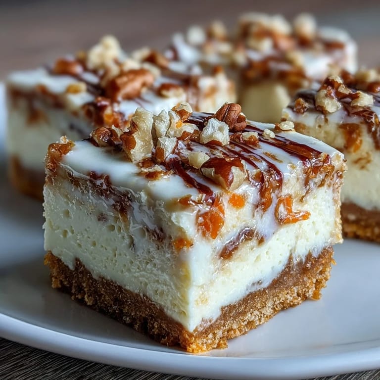 Decadent layered carrot cake cheesecake bars featuring moist spiced cake, smooth cream cheese filling, and crunchy nut topping.  