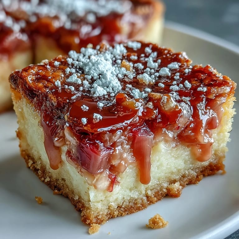Tangy rhubarb custard bars with a buttery shortbread crust, topped with powdered sugar for a sweet springtime treat.