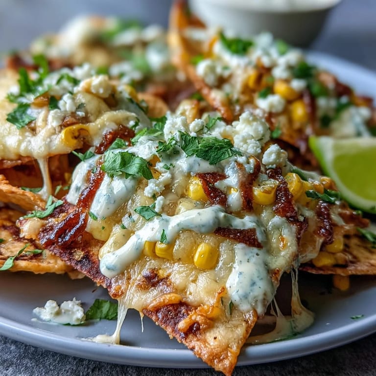 Festive nachos featuring elote-inspired toppings, fresh cilantro, green onions, and a tangy chipotle crema for a party-ready appetizer.