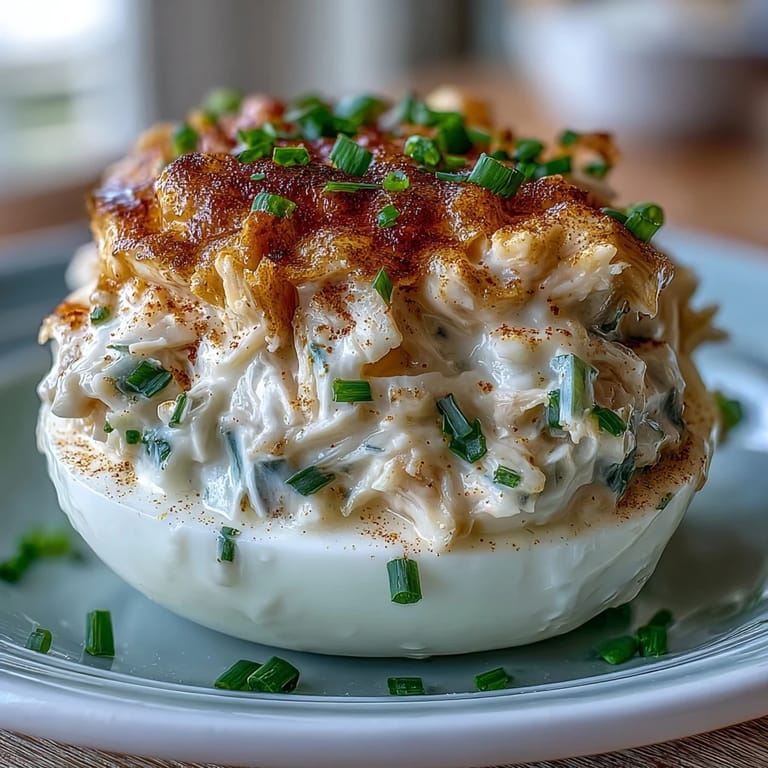 Lump crab meat and zesty Old Bay fill these deviled eggs, garnished with fresh chives.