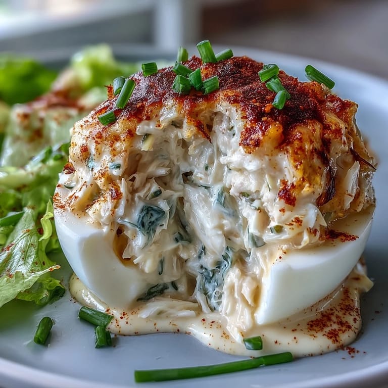 Bite-sized crab cake deviled eggs with lemon, celery, and Old Bay seasoning for a zesty twist.