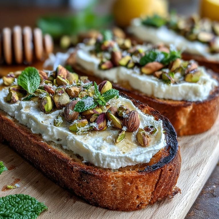 Savor this decadent whipped ricotta toast with honey and pistachios, an easy appetizer.