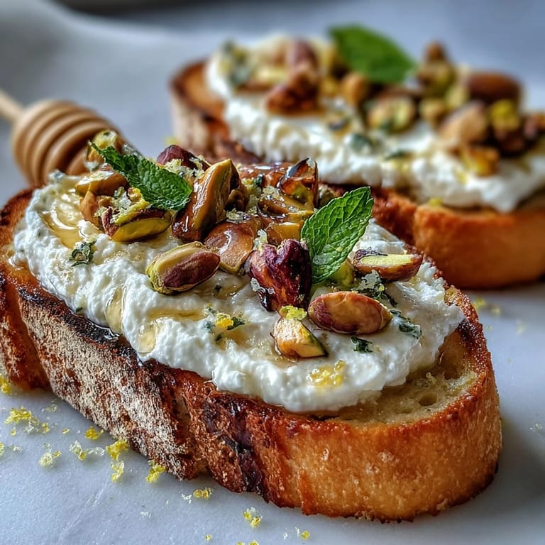 Gourmet whipped ricotta toast with honey and pistachios, perfect for a quick, elegant snack.