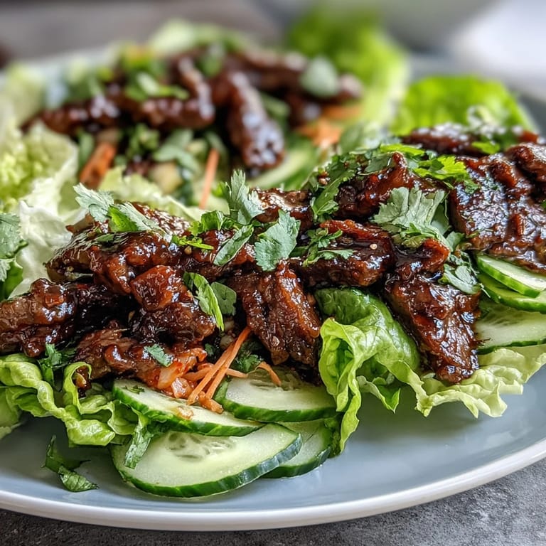 Tender Korean BBQ beef piled high in fresh butter lettuce cups with vibrant kimchi.